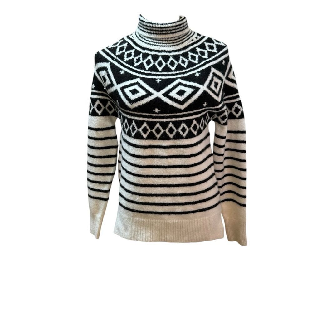 Venus Womens Black White Geometric Fair Isle Striped Mock Neck‎ Sweater Small